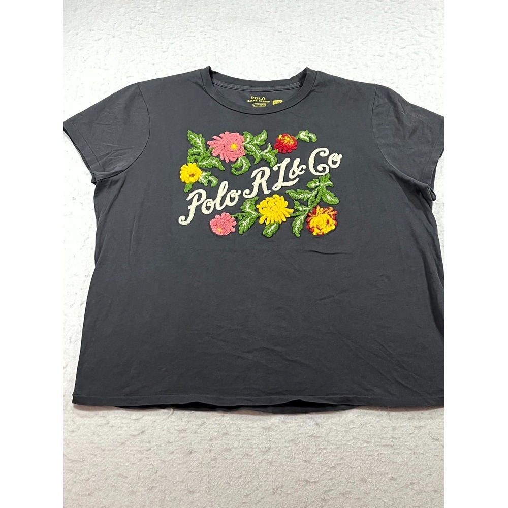 Polo Ralph Lauren T Shirt Womens Large Black Floral Embroidered Relaxed Fit - Picture 1 of 7